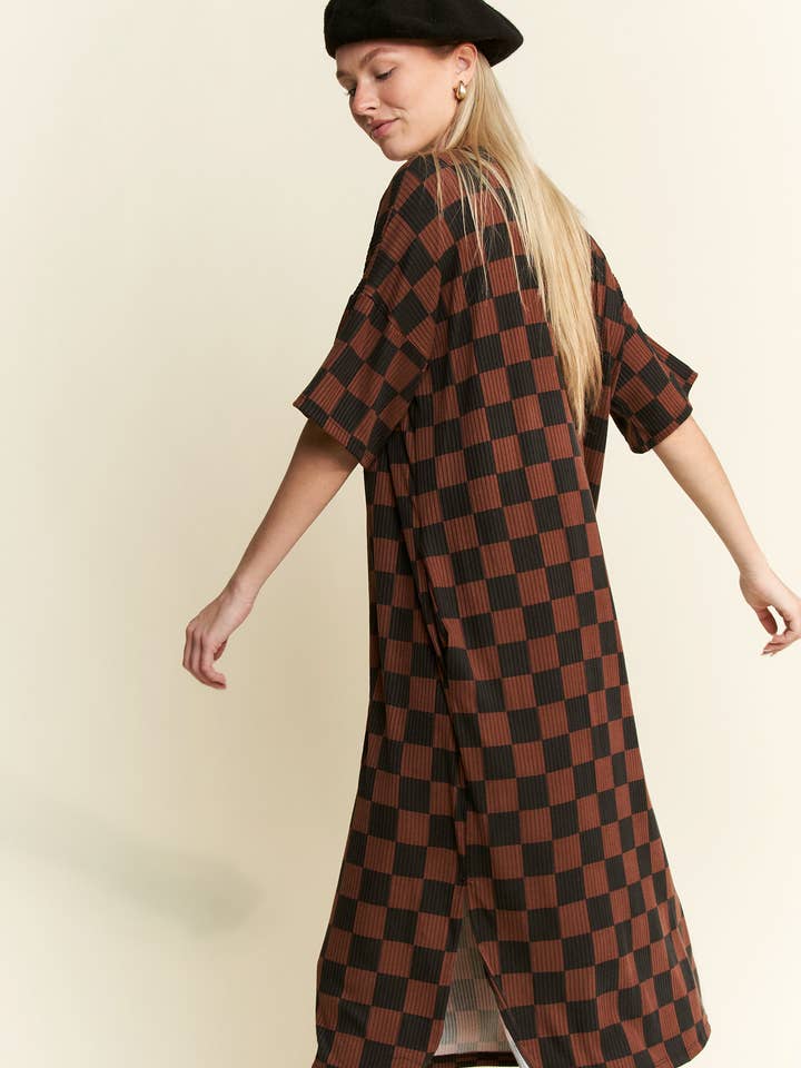 JADE BY JANE - Wholesale Dress - Women's - 1/2 SLEEVE RIBBED CHECKERBOARD MIDI DRESS