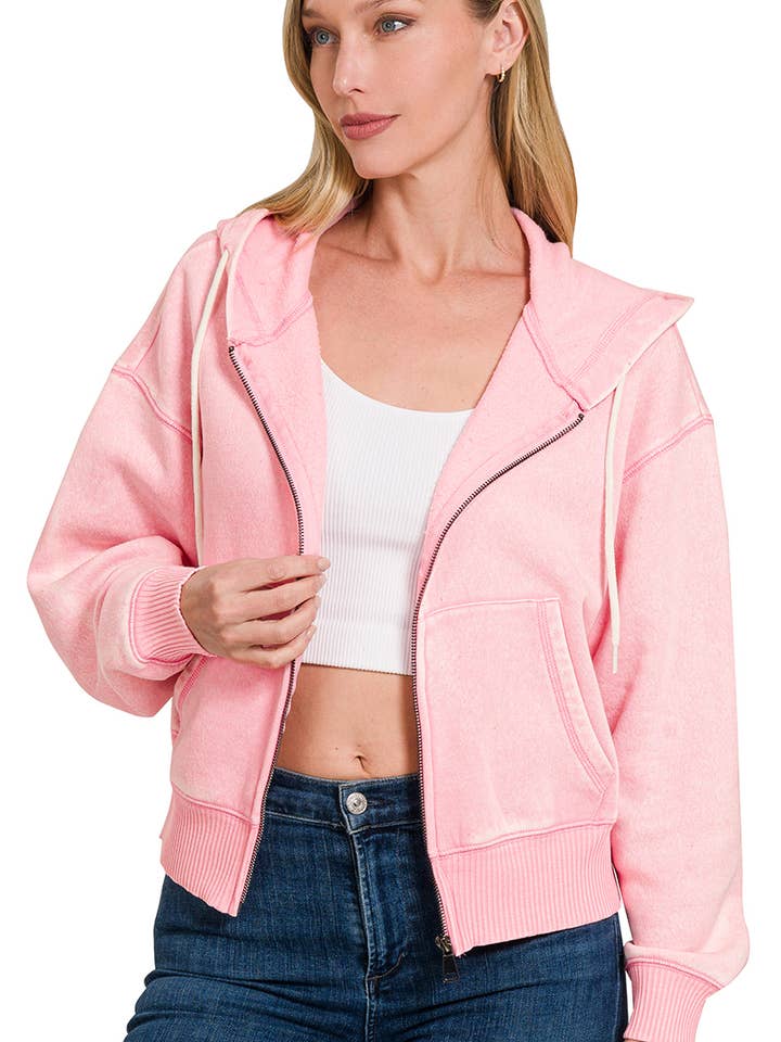 ..SI-25313 Acid Wash Fleece Cropped Zip Up Hoodie for wholesale by 42POPS