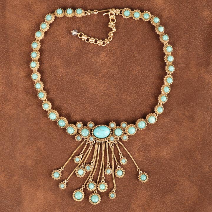 Vintage Turquoise Statement Necklace with Tassel Drops for wholesale by GirlyPirateCo