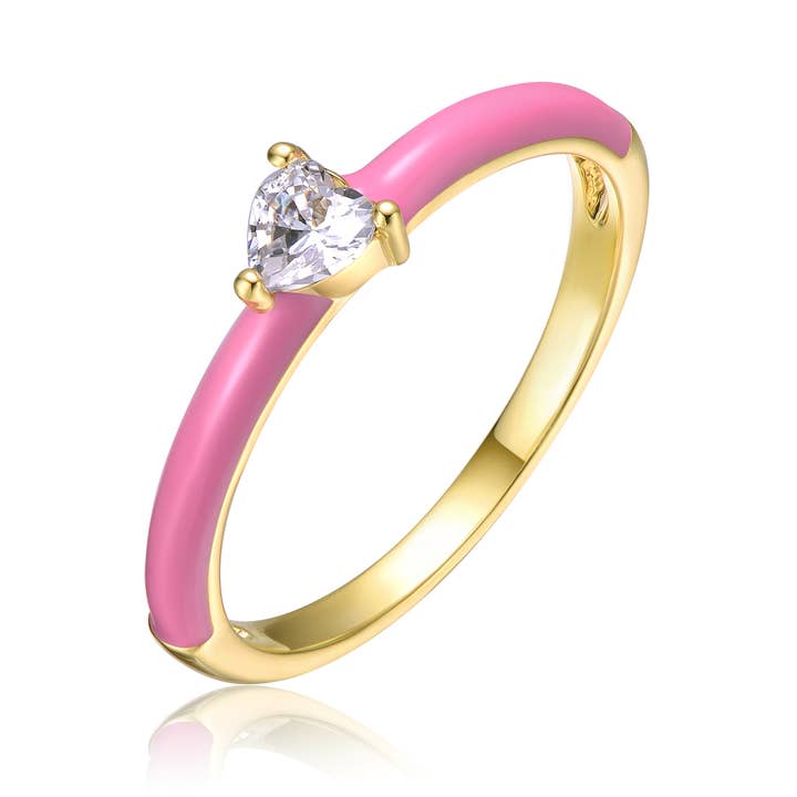 Solitärring in Herzform, 14 Karat vergoldet, mit kubischen Zirkonia, emailliert für den Großhandel von Rachel Glauber