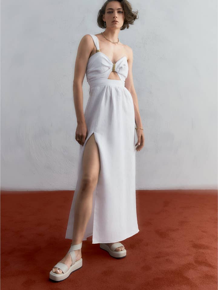 Robe longue en lin à corsage torsadé Mia pour la vente par Rowley Hesselballe London