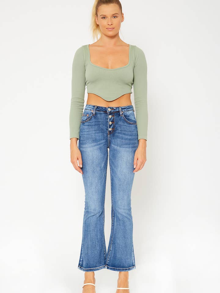 Pantalon évasé bleu moyen en jean taille haute pour la vente par MONKEY RIDE JEANS