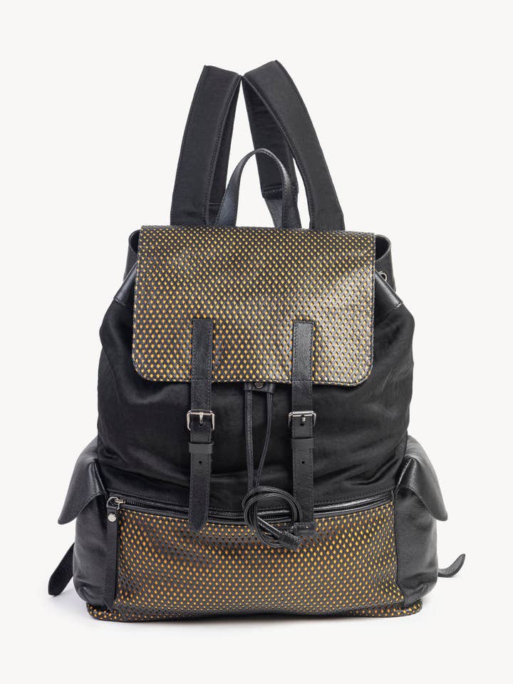 Stor rygsæk i stof og perforeret læder for engroshandel hos Sapaf