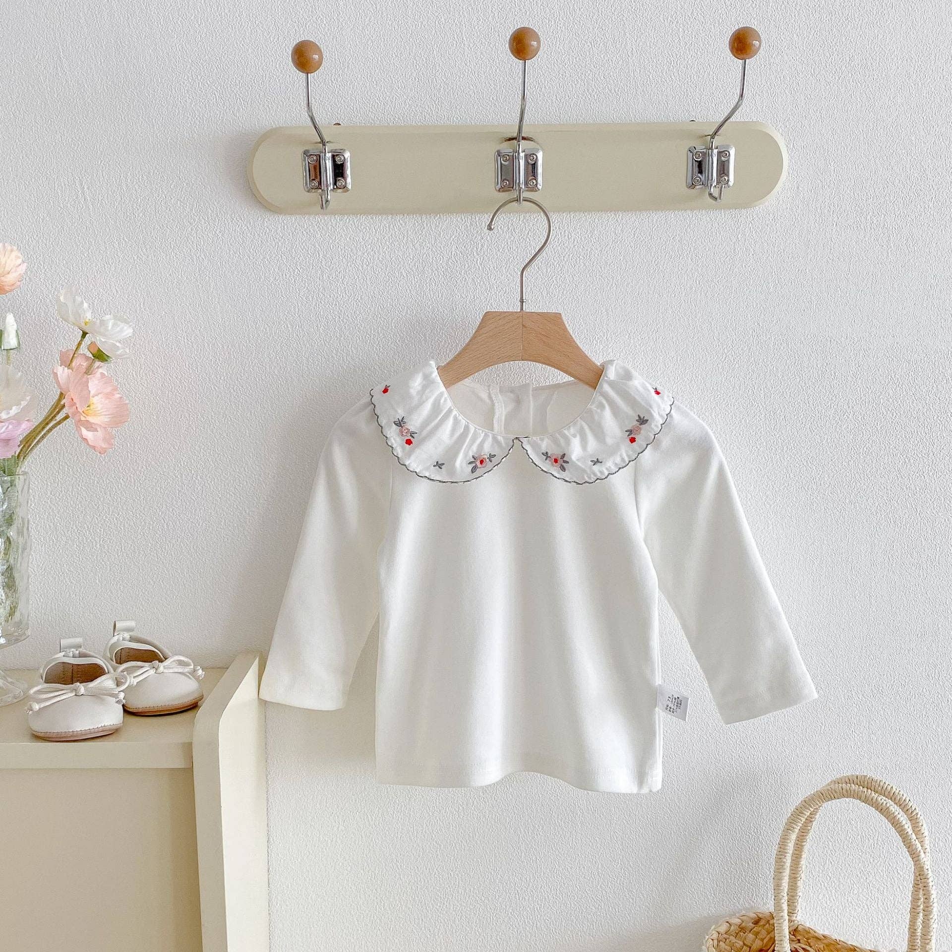Beige MyKids-USA® Baby Girls Flowers Embroidered Pattern Long Sleeves Top with Collar for wholesale on Faire3