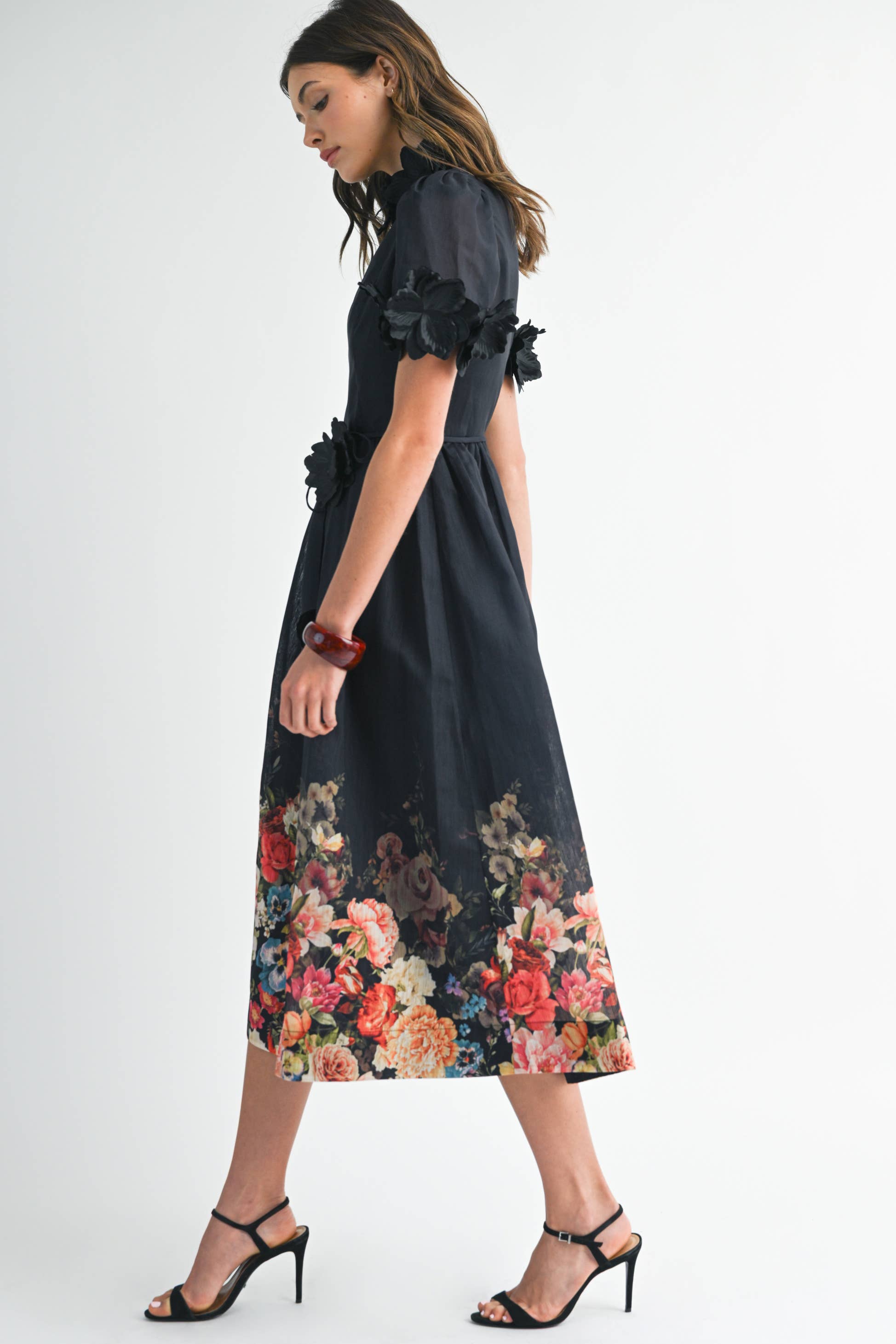 EB LUXE - Wholesale Dress - Women's - RD0026 3D Floral High Neck Short sleeve Midi Dress4