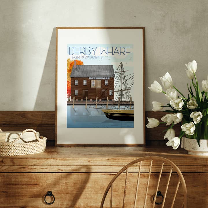 Impresión artística de viaje de Massachusetts - Derby Wharf para venta al por mayor de Fox Burrow Designs