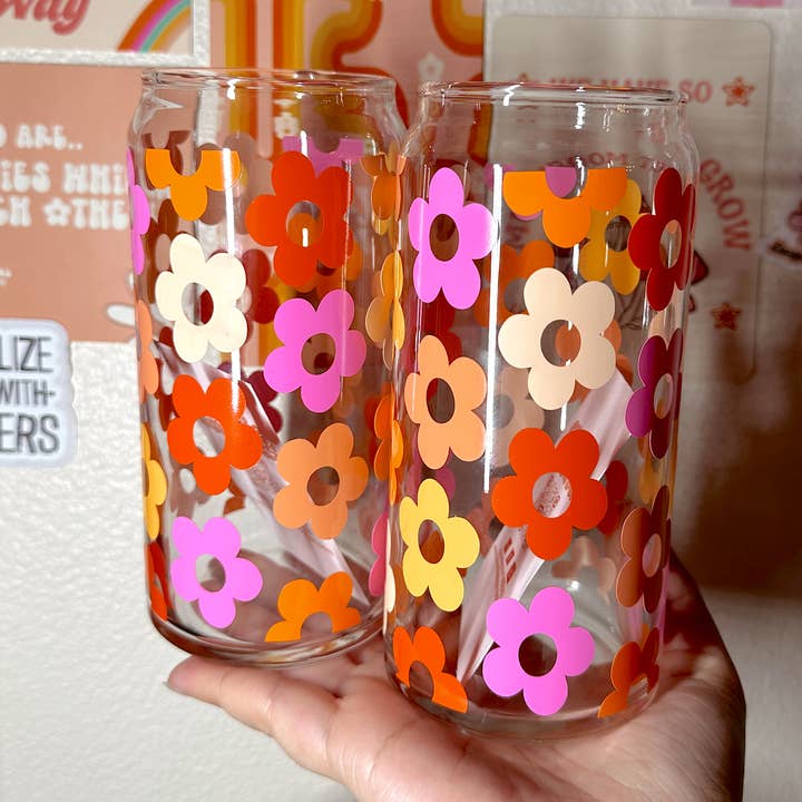 Copo de Vidro Retro Flores dos anos 70 por atacado de amarieacreates