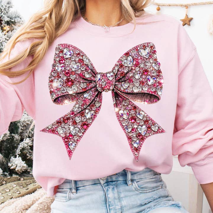 Camiseta con Lazo Rosa Brillo Falso, Sudadera con Corazón de Joyas y Amor para venta al por mayor de DLT Ecommerce