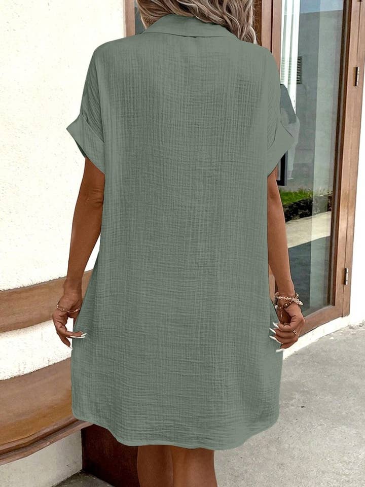 Lily Clothing - Wholesale Dress - Women's - Simple loose V-neck single breasted solid color shirt dress