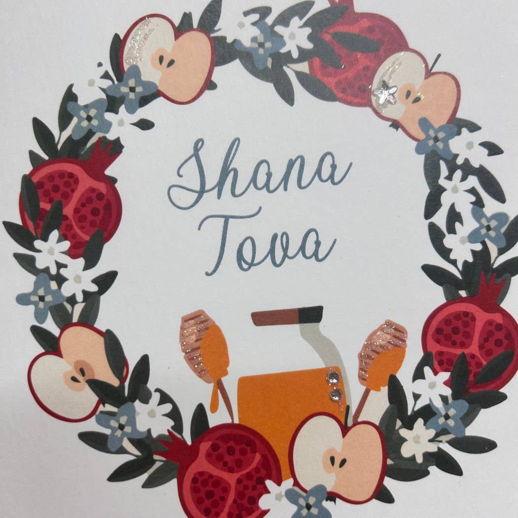White Cotton Cards - Wholesale Rosh Hashanah Card - SHANA TOVA - Wreath of Apples & Honey (SP97)1