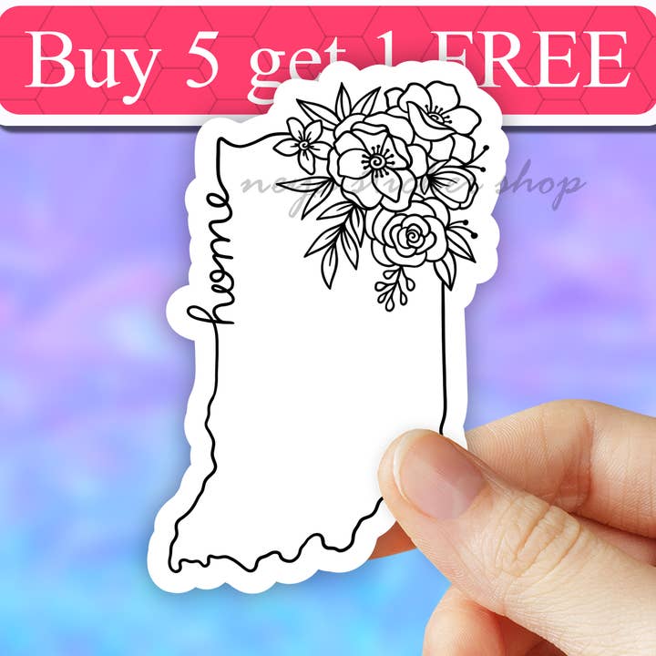 Indiana State Sticker, Floral Map, water bottle sticker for wholesale by Neya Sticker Shop