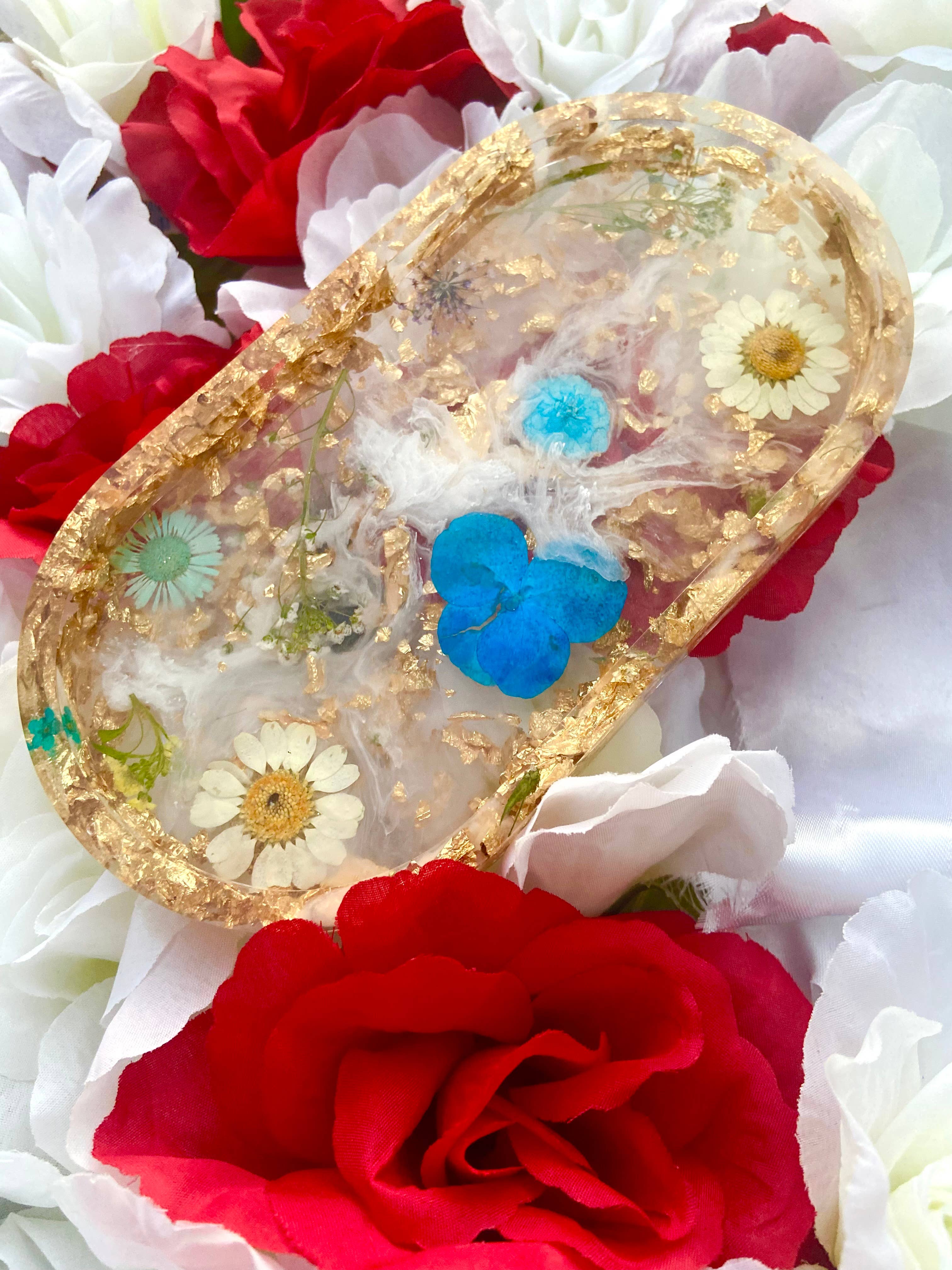 KraftzbyKenzie - Wholesale Jewelry Dish - Blue Flower Trinket Trays | Gold Foil Tray | Oval Tray2