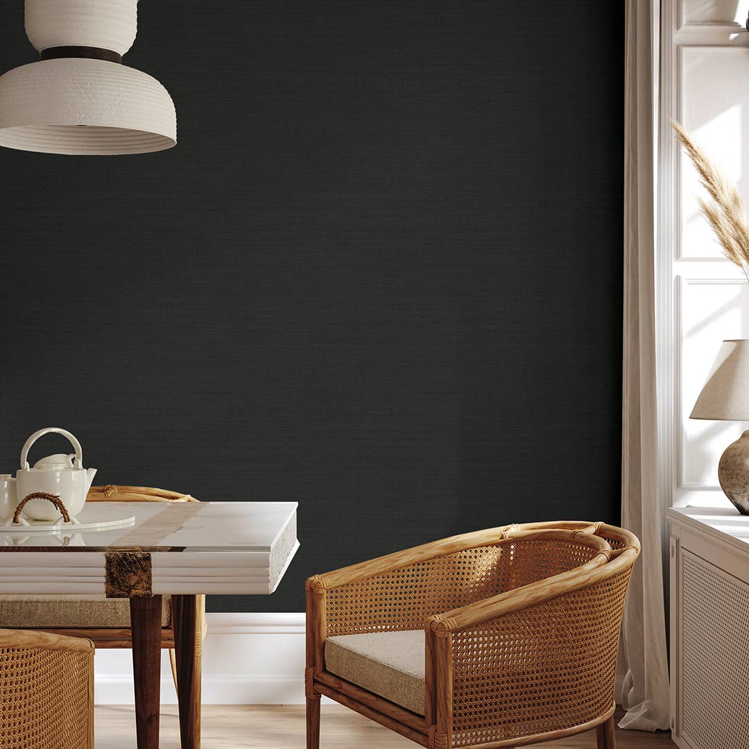 Horizontal Faux Grasscloth Black P&S Wallpaper, 28 sq. ft. for wholesale on Faire5