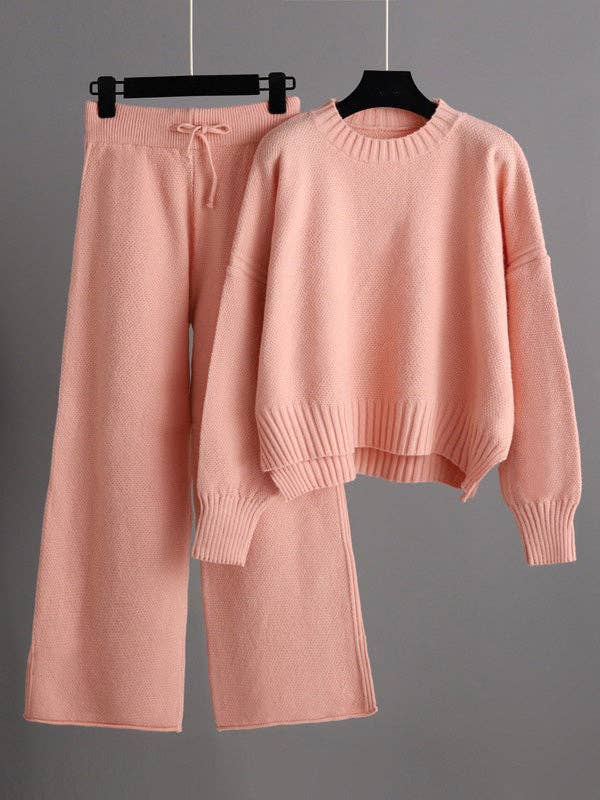 Plush Looks - Wholesale Top & Pant Set (NOT Loungewear) - Women's - Stylish Loose High-Low Long Sleeve Sweater + Wide Leg Pants0