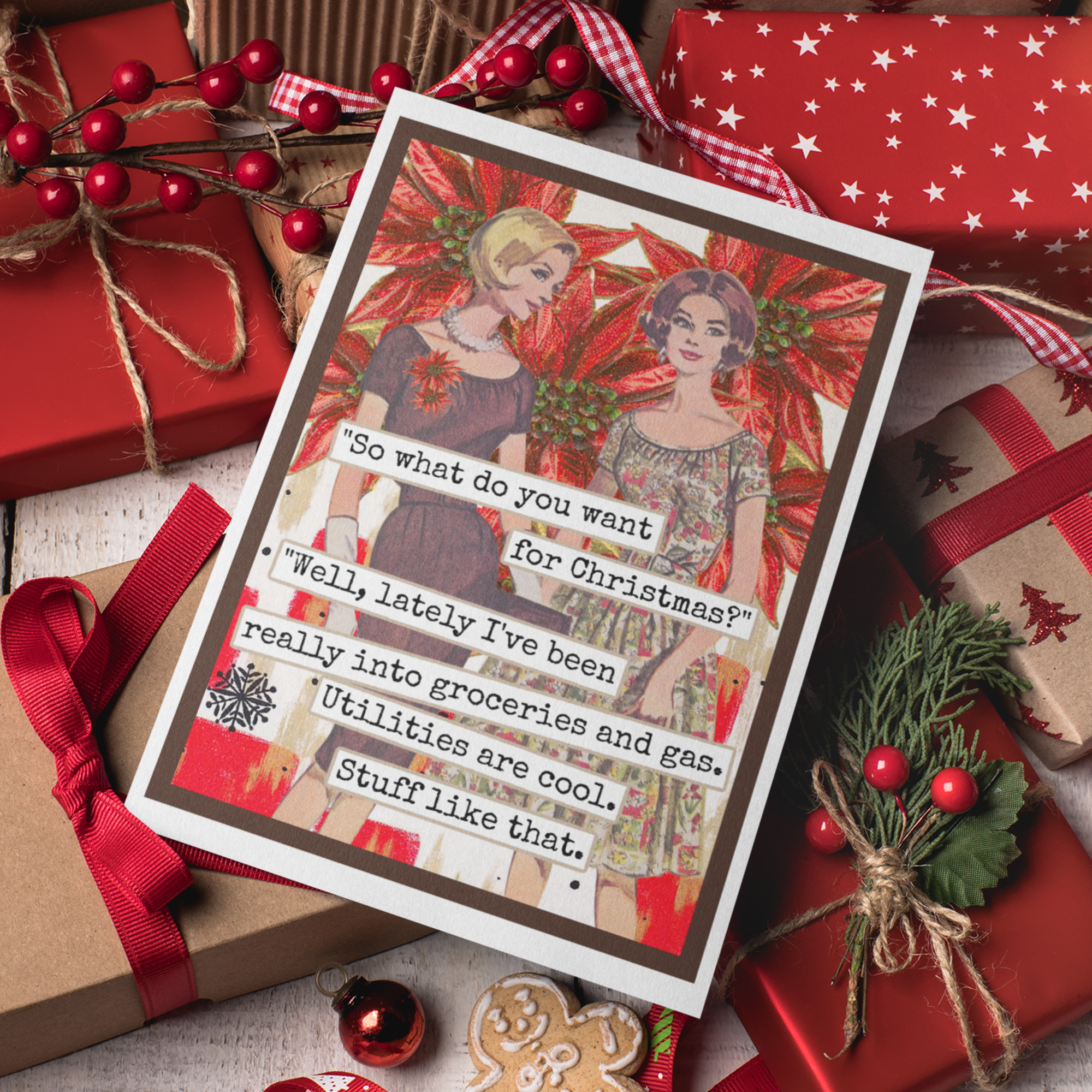 Raven's Rest Studio - Wholesale Kerstkaartje - Grappige kerstkaart. Ik hou echt van boodschappen en gas. Wijnoogst1