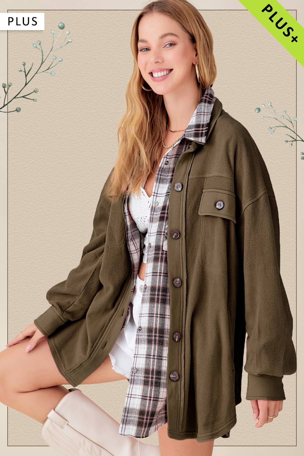 La Miel - Wholesale Shirt Jacket/Shacket - Women's - JKT1712P-Plus Size Loose Fit Button Down Fleece Shacket8