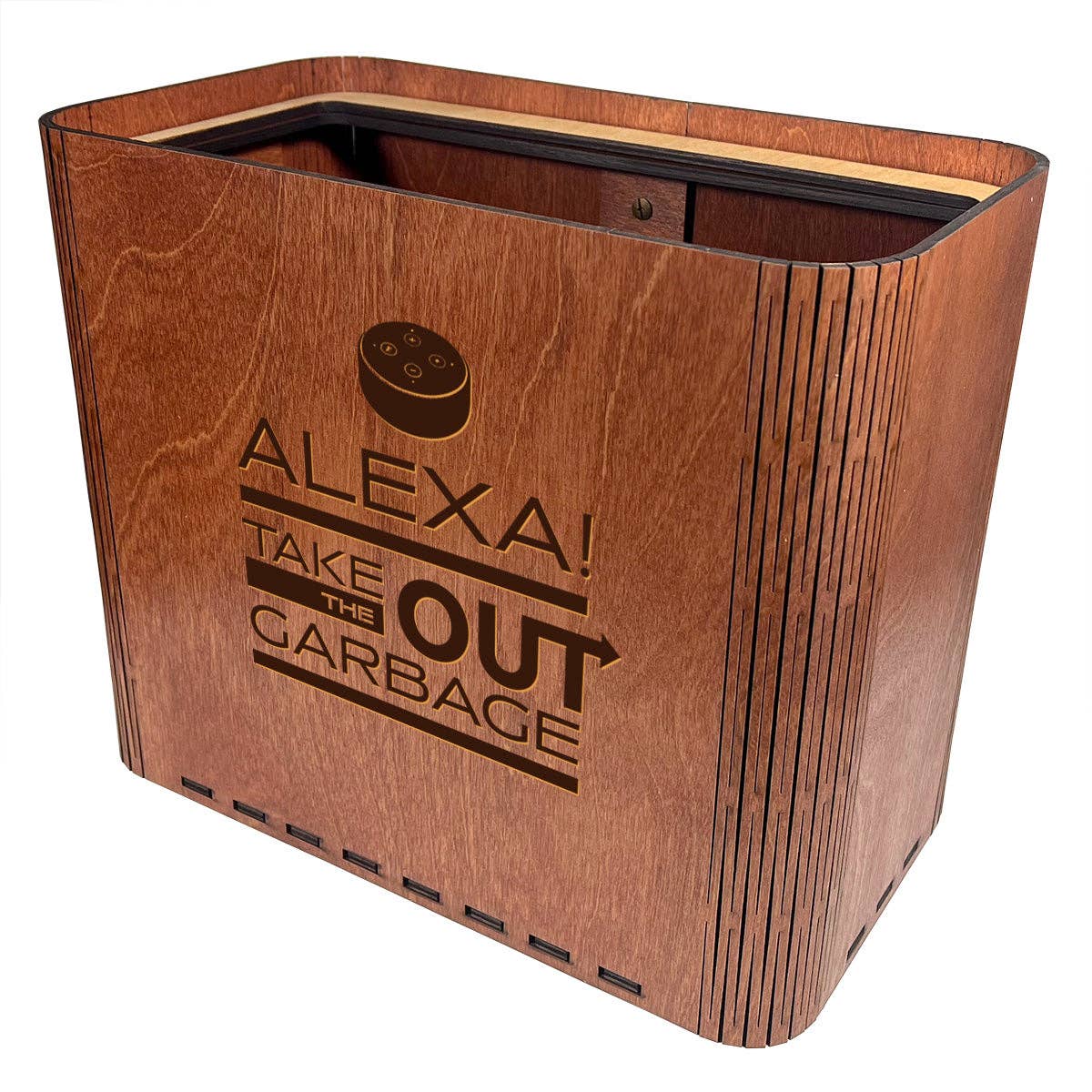 Brown Slim Trash Can - "Alexa! Take Out the Garbage" - Wooden Garbage Bin for wholesale on Faire0