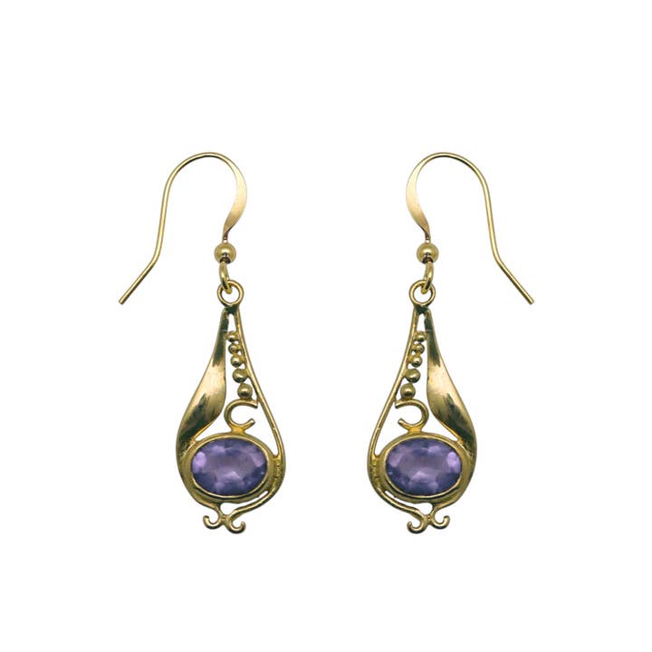 (BR205VAM) Amethyst drop earring in gold tone for wholesale by Vera Wolf