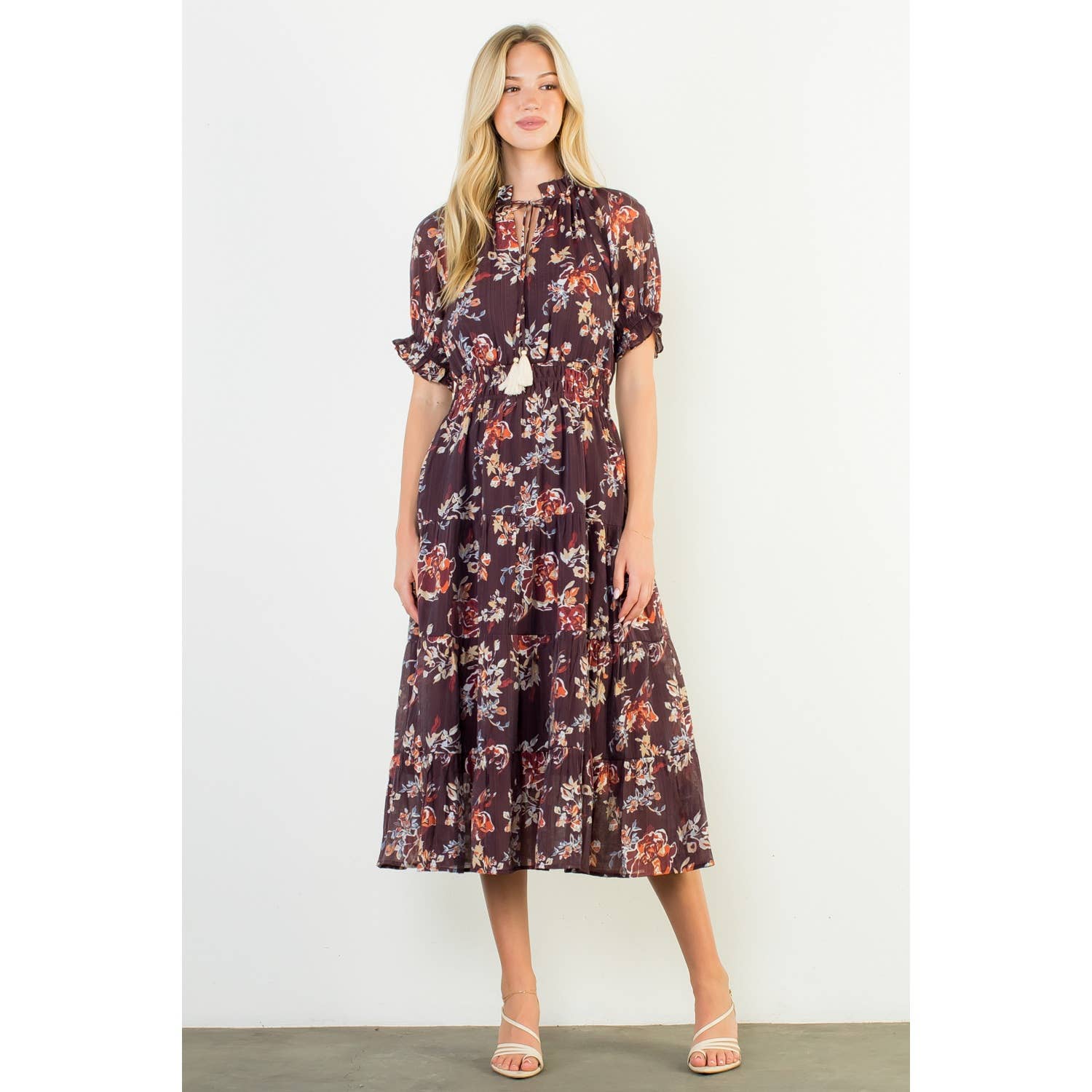 BURGUNDY Short Sleeve Floral Maxi Dress for wholesale on Faire2