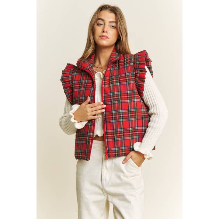 Red EVERYDAY PLAID PUFF ZIP UP VEST JACKET with ARMHOLE RUFFLE D for wholesale on Faire