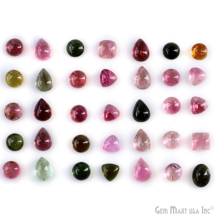 GemMartUSA - Wholesale Spiritual Stone/Crystal - Multi Tourmaline Round & Pears Cabochon,5-7mm,5 Ct Loose Gem