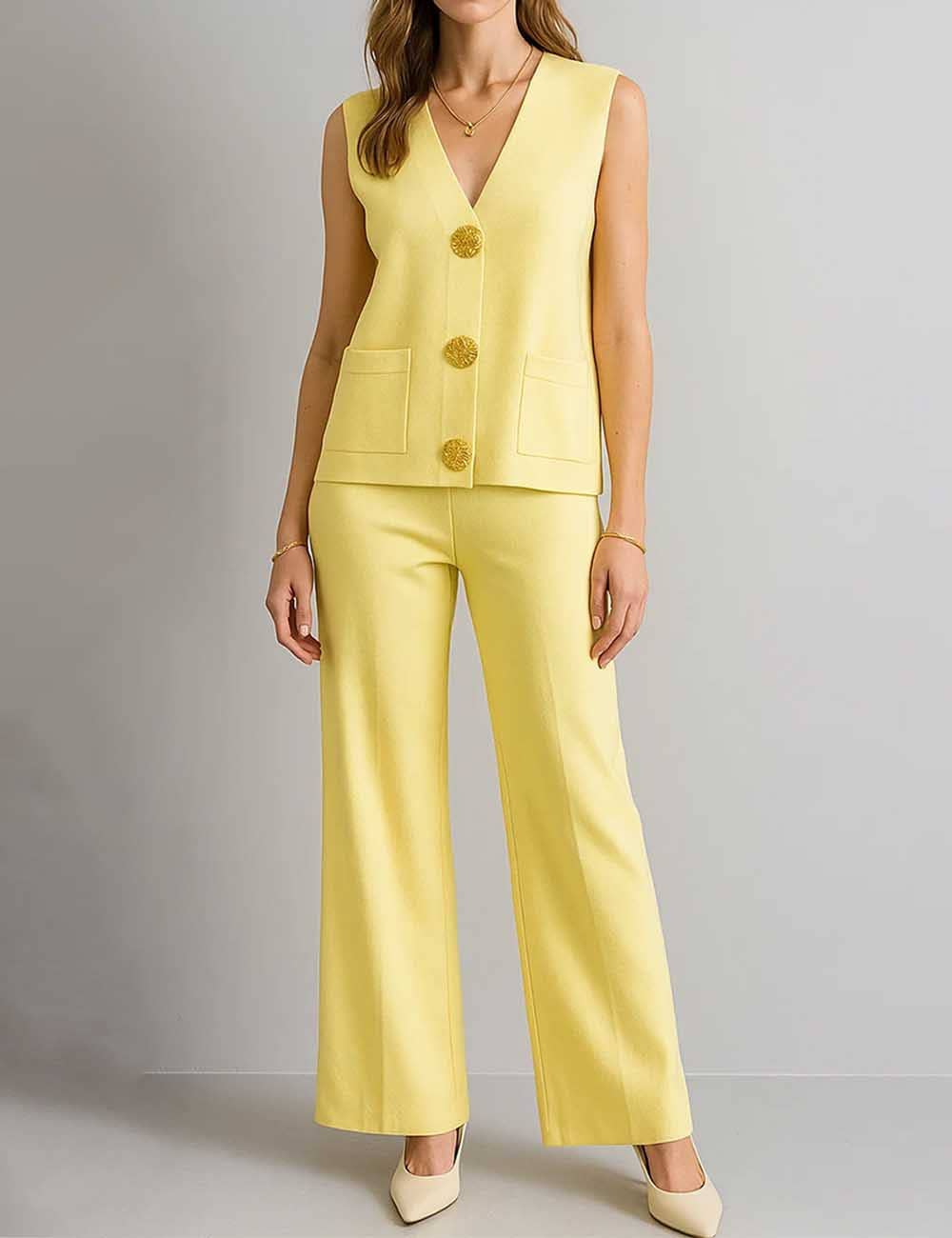 Sweetkama - Vendita all'ingrosso Completo top e pantaloni (NON loungewear) - Donna - Completo 2 pezzi: Gilet e Pantaloni a Maglia con Bottoni e Scollo a V a Tinta Unita da Donna0