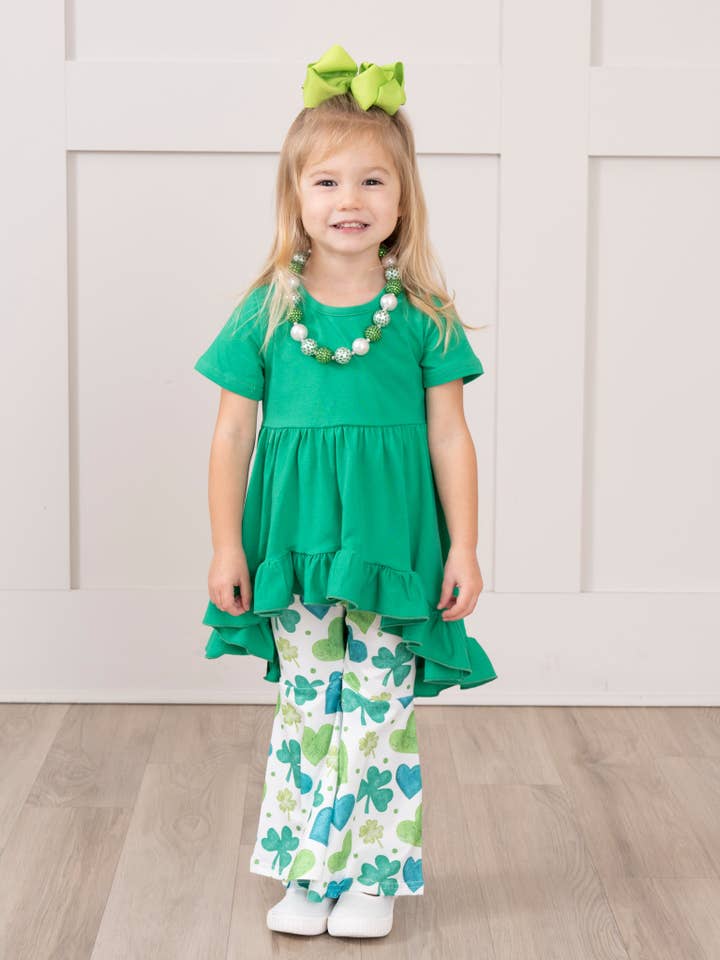 Marie Nicole Clothing - Wholesale Top & Pant Set - Kids - Green Hearts & Clovers Ruffle Outfit - Restocked!