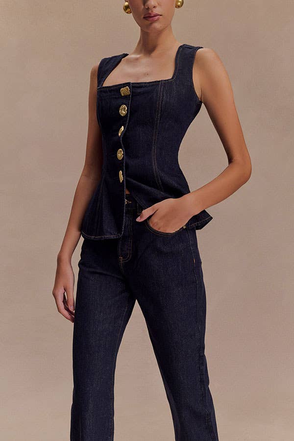 HIDDENBRAND - Wholesale Top & Pant Set (NOT Loungewear) - Women's - Modern Buttoned Denim Top And Trousers Set3