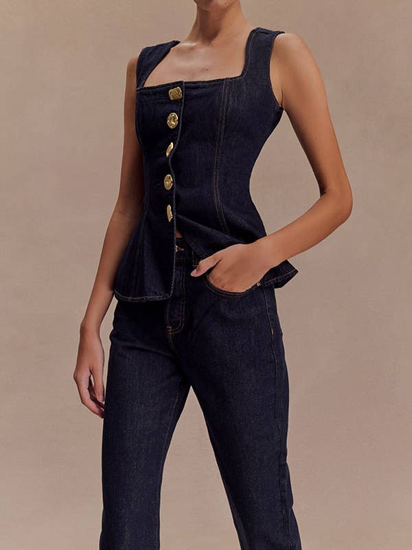 HIDDENBRAND - Wholesale Top & Pant Set (NOT Loungewear) - Women's - Modern Buttoned Denim Top And Trousers Set3