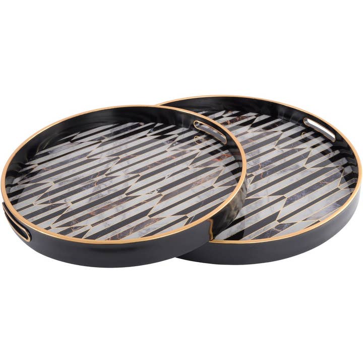 Set of Two Black And Antique Gold Geometric Pattern Trays for wholesale by The Libra Company