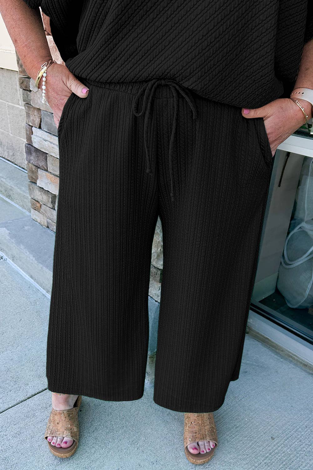 FULL TIME PURCHASE - Wholesale Lounge Set - Women's - Textured Batwing Sleeve Tee Wide Leg Pants Plus Size Set5