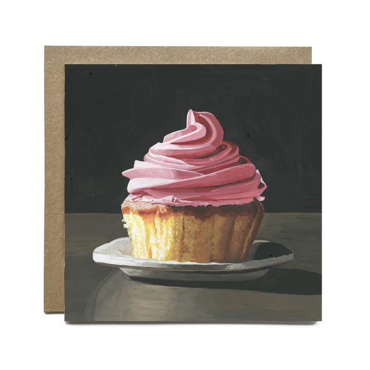 Pink Cupcake Fine Art Square Greetings Card (Blank Inside) for wholesale by Julia Tooley Art