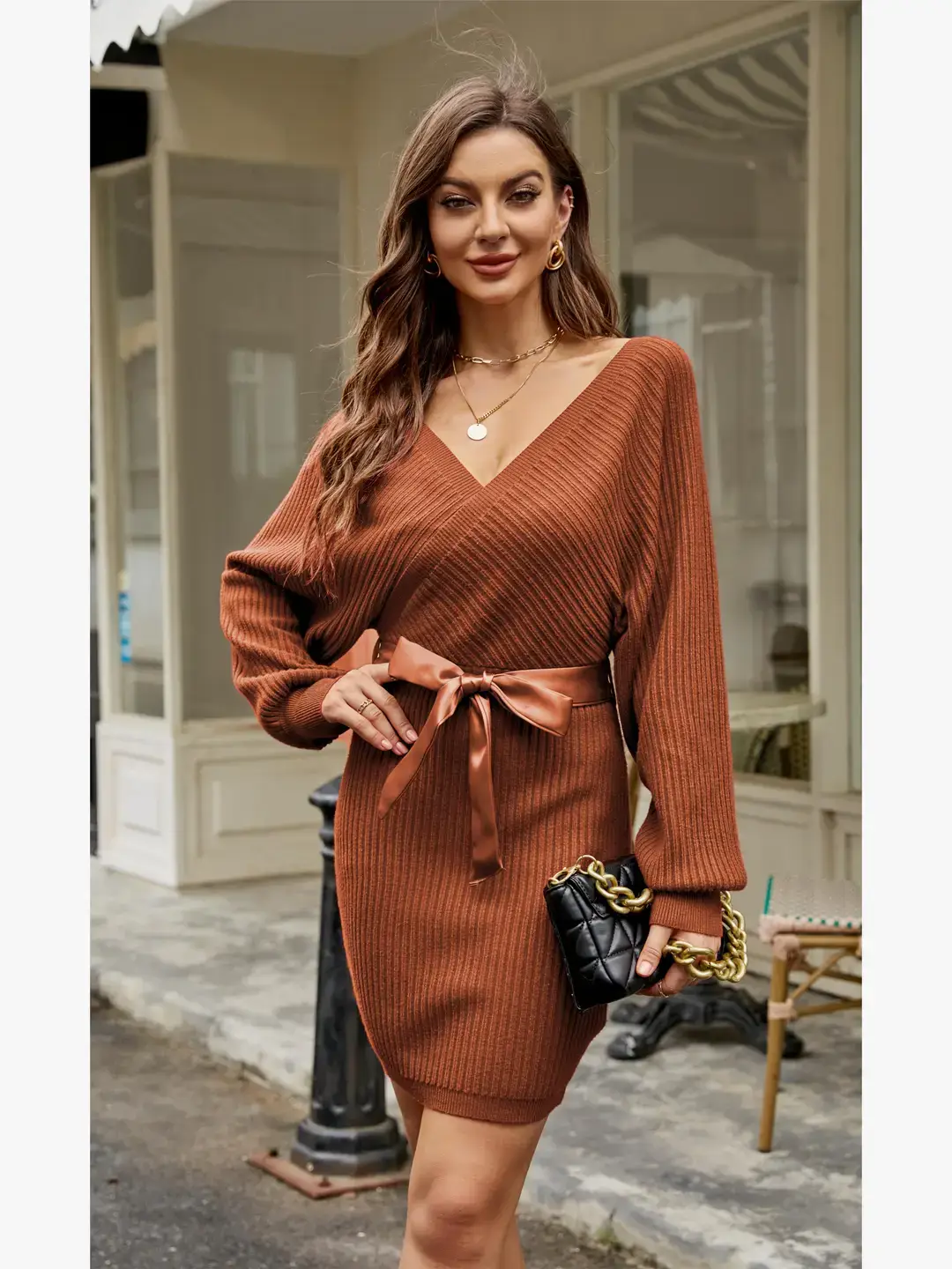 GEXWORLDWIDE – Engroshandel Kjole - Dame – Lang lanterneærme slank sweater omslagskjole akryl7