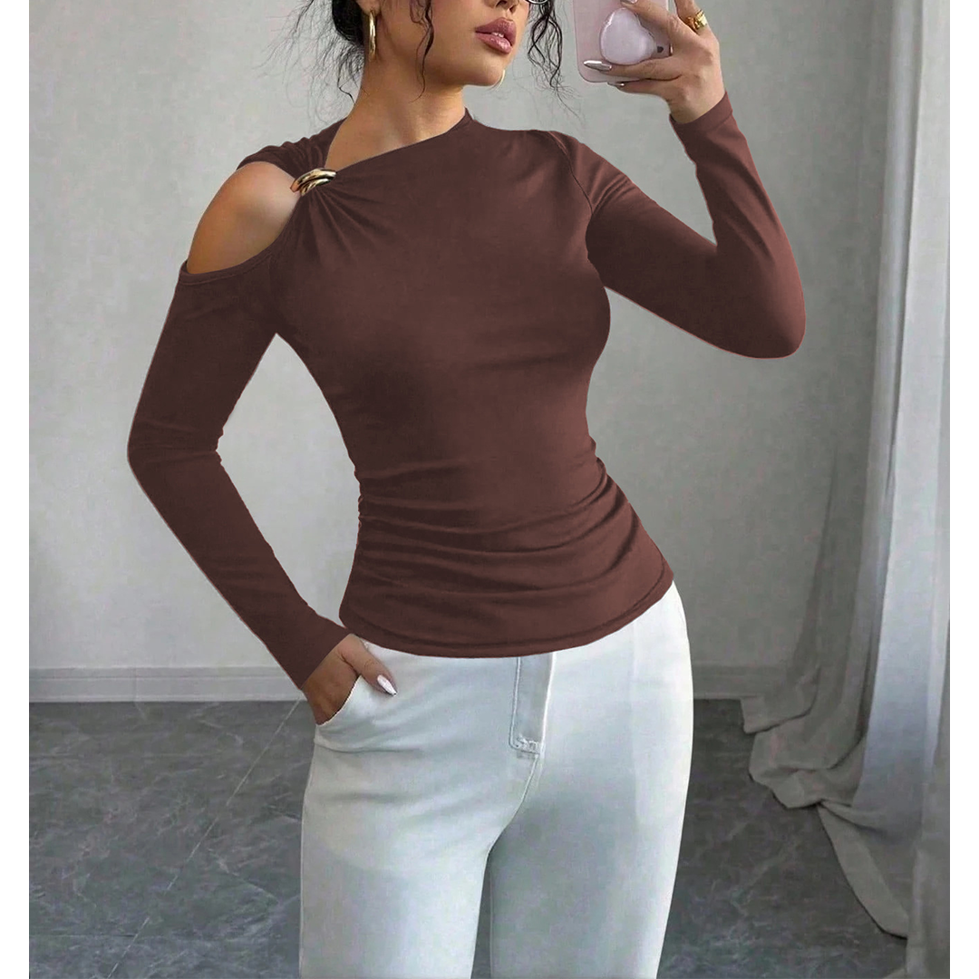 UNISHE - Wholesale Blouse - Women's - Asymmetrical Neck One-Shoulder Metal Decor Fitted Top ZK36715