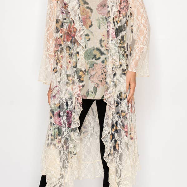 Duster ligero de encaje floral con volantes y destellos - 4849BG LEO FL para venta al por mayor de Origami Apparel ~ Lace and Crochet inspired