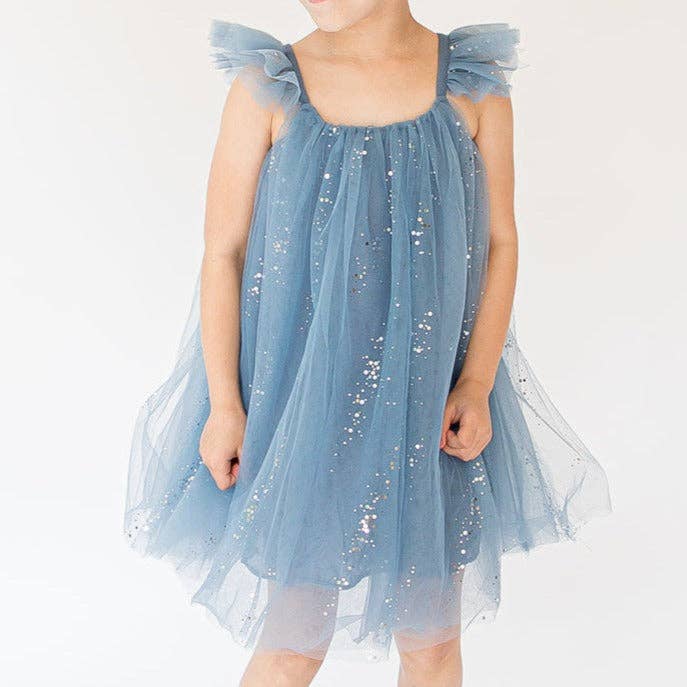 Girl's Blue Sparkly Tulle Flutter Sleeve Twirl Dress for wholesale by cuteheads