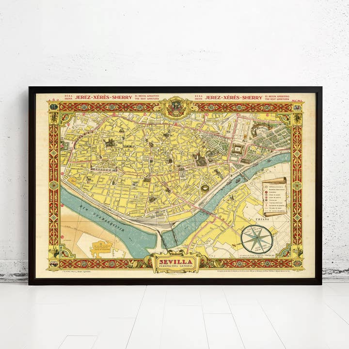 Gammelt kort over Sevilla Spanien 1950 Vintage kort | Vintage kort vægkunst print (Kopi) for engroshandel hos OldCityPrints - Old Maps and Posters