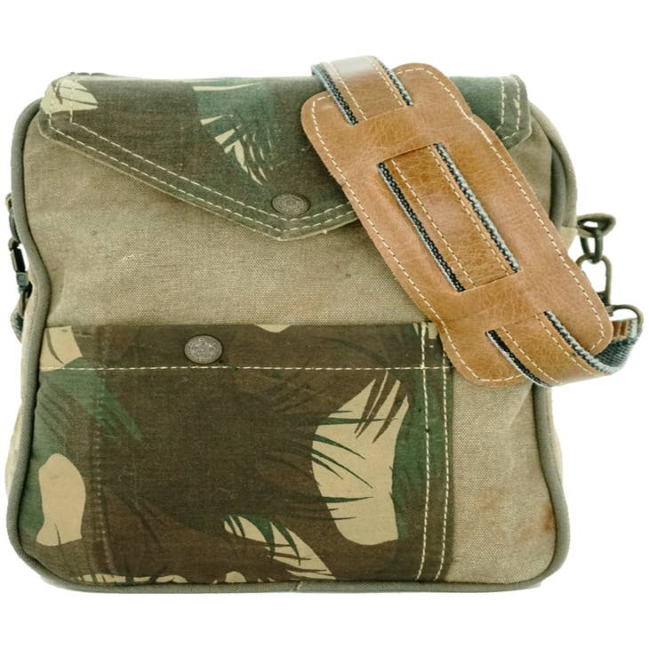 Vintage Leather and Recycled Military Tent Messenger Bag - Vintage