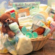 Deluxe Welcome Home Precious Baby Basket - Yellow/Teal for wholesale by Gift Basket Drop Shipping