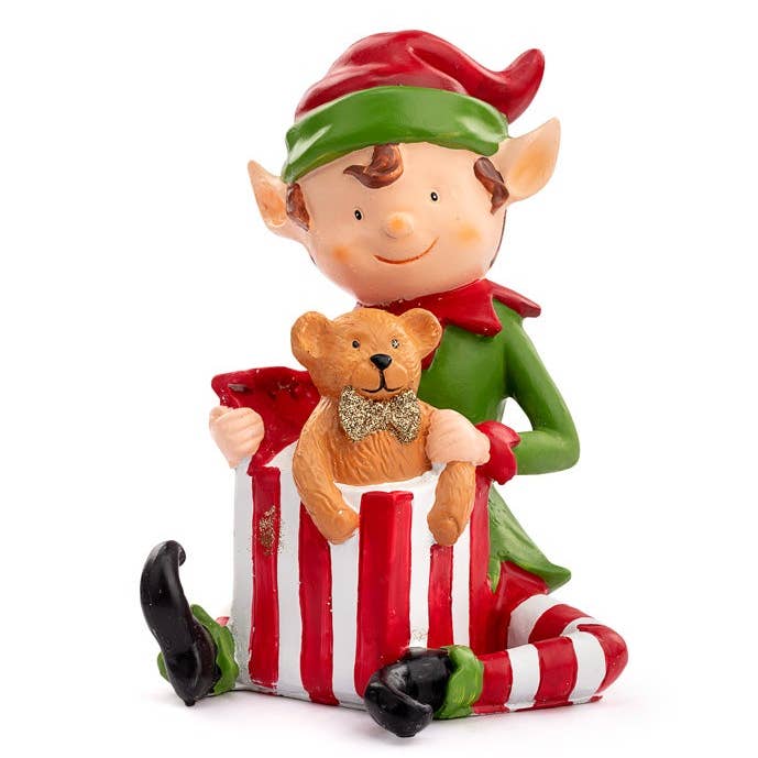 Dunn Deals – Engroshandel Julepynt – Julekarusselkollektion - 18,4 cm siddende nisse med gave0