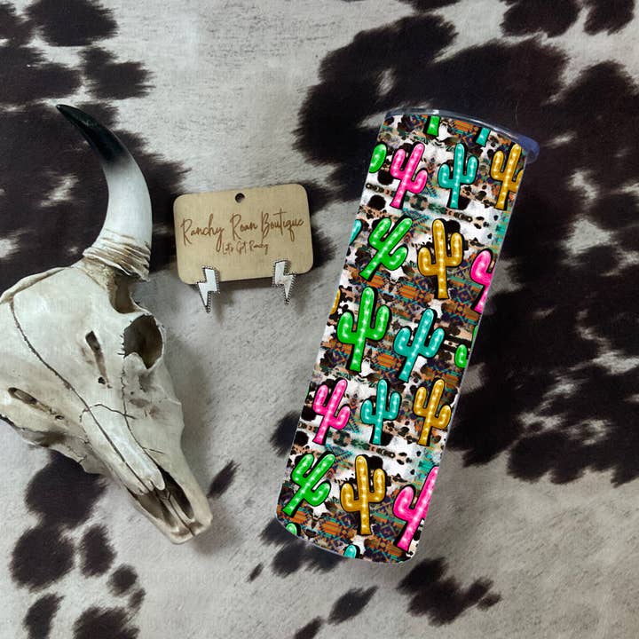 Cactus Neon Cowhide 20oz Skinny Tumbler for wholesale by Ranchy Roan Boutique