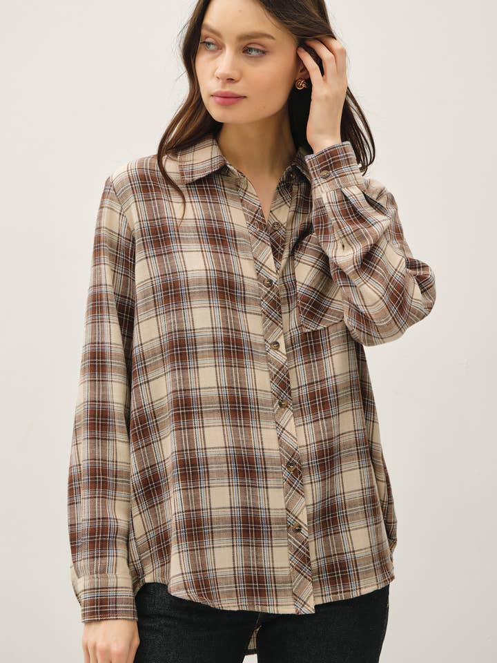 BROWNY PLAID FLANNEL BUTTON UP LONG SLEEVE SHIRT for wholesale by Be Cool