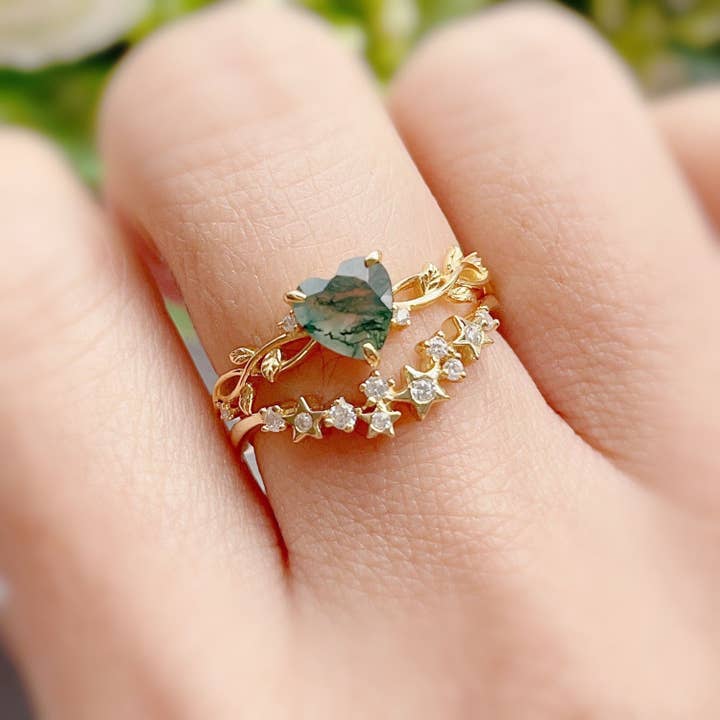 Azura Jewelry - Wholesale Band/Stacked Ring - Everlasting Heart Moss Agate Ring (Yellow Gold)©