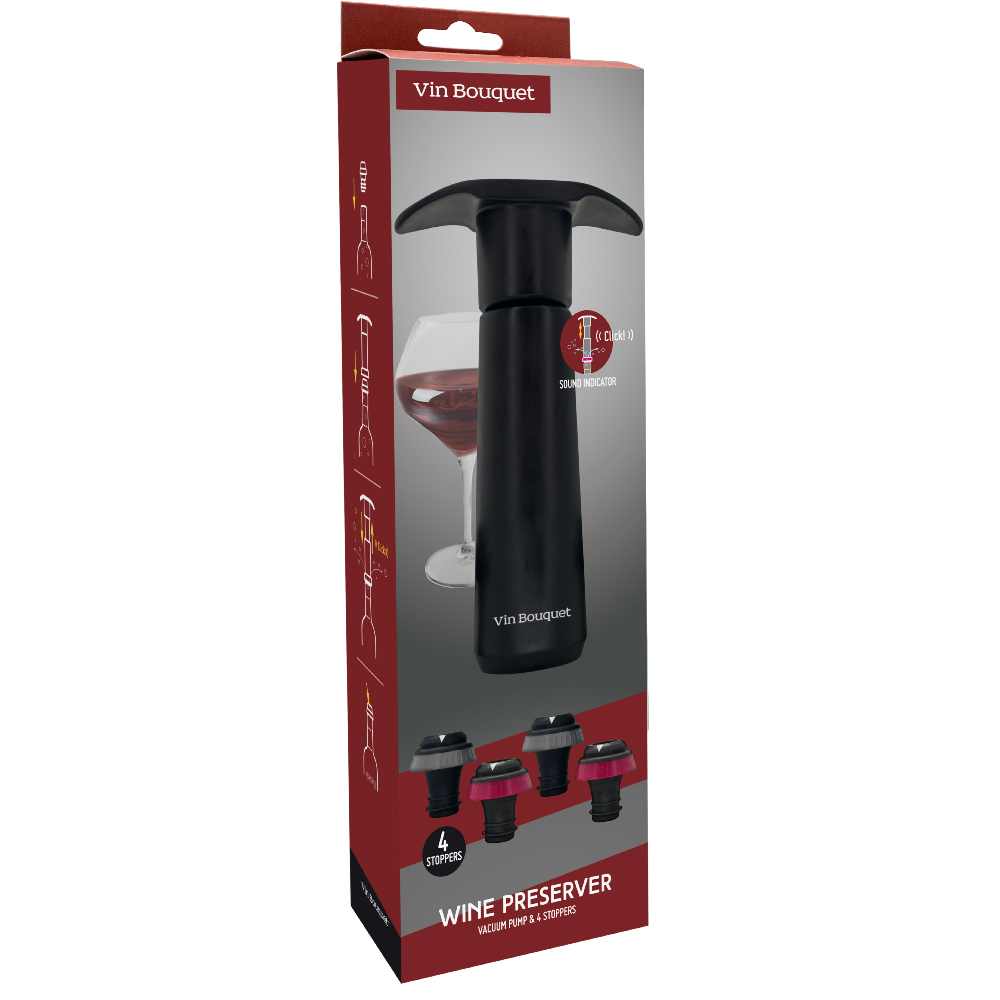 Vin Bouquet (Find It Import & Export Sl) - Wholesale Wine Tool Set - Click! Vacuum pump With 4 caps Black1