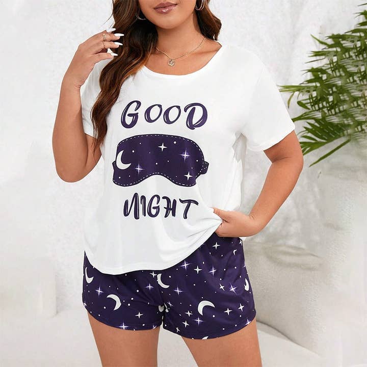 Basis Fancy - Wholesale Sleepwear Set - Women's - Women Fashion Casual Plus Size Printed T-Shirt Loose Shorts Pajamas Two-Piece Set1