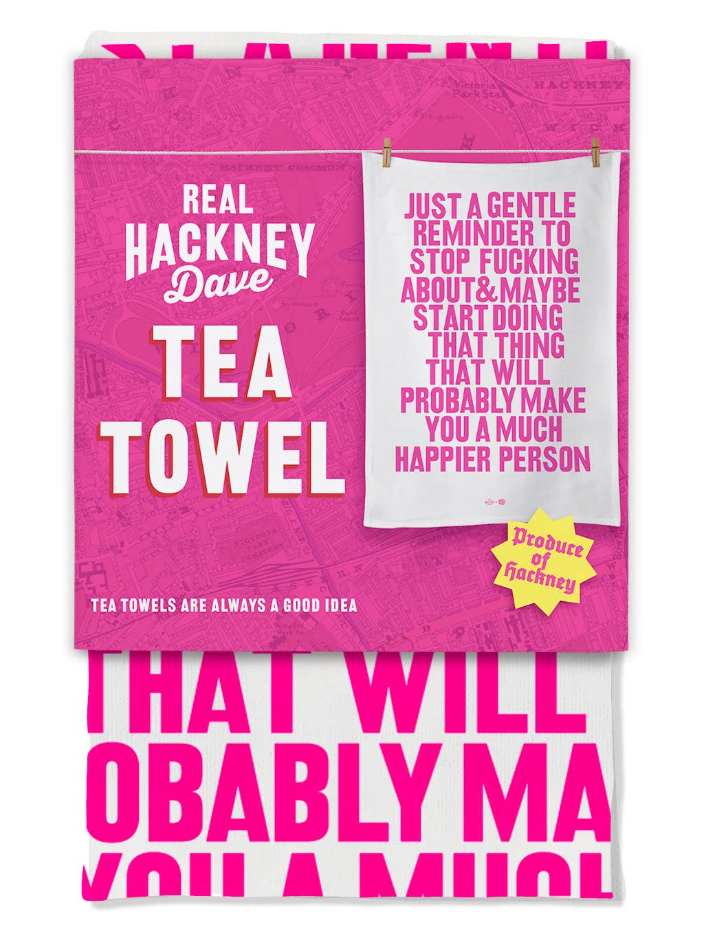 Brainbox Candy - Wholesale Tea Towel - Funny Gift - Gentle Reminder Pink Real Hackney Dave TeaTowel3