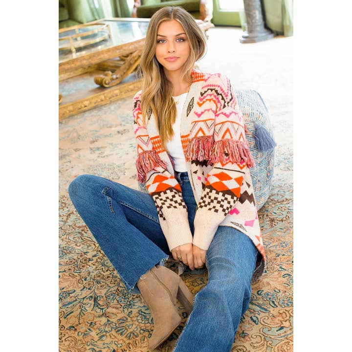 Strikket lang cardigan med frynser for engroshandel hos THML