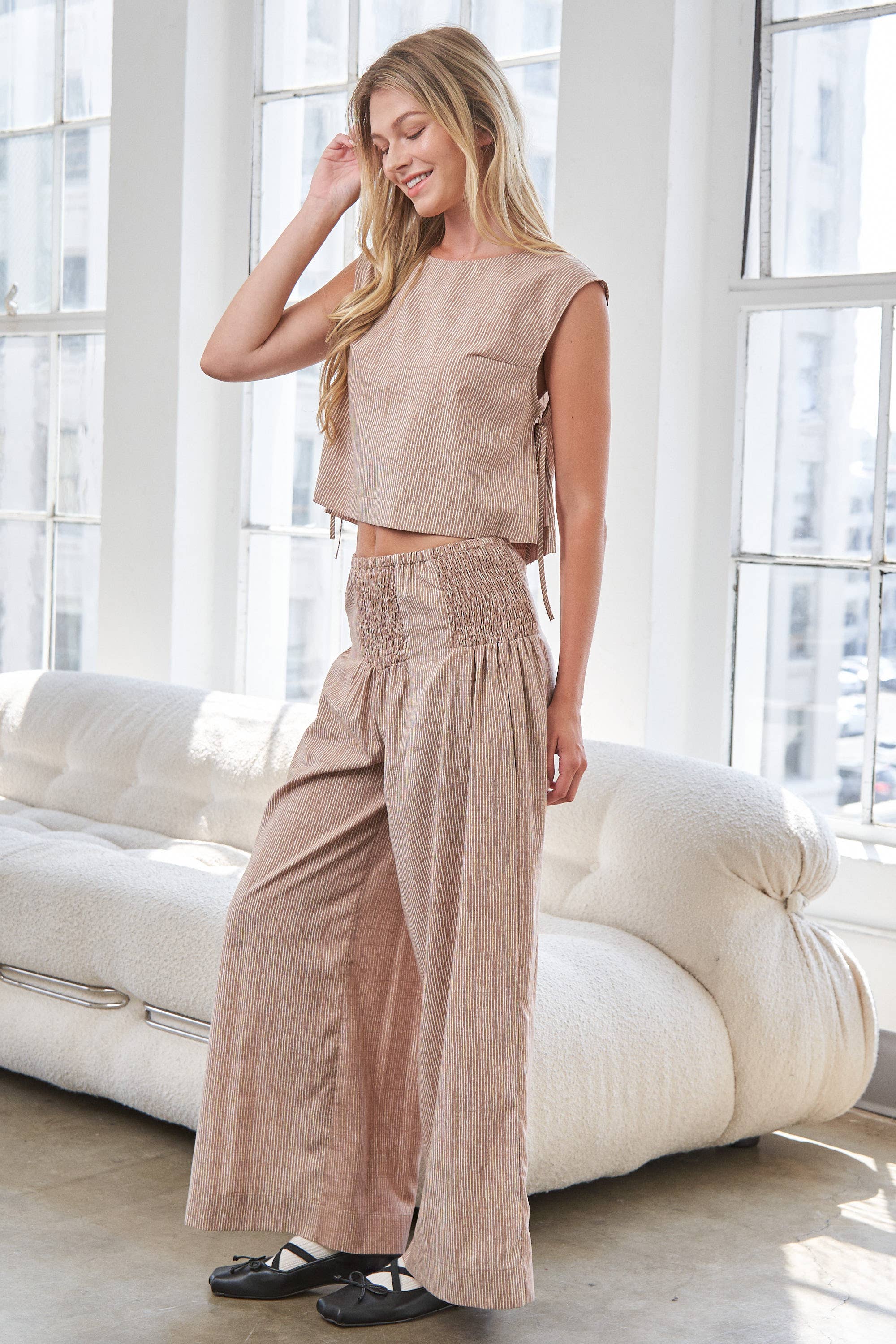 CANDESCENT - Wholesale Pants - Women's - Striped Wide Leg Smocked Pants (Matching Set)10