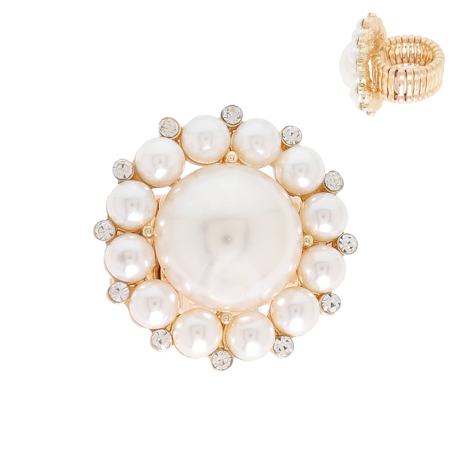 SP Sophia Collection - Wholesale Cocktail/Statement Ring - Vintage Crystal & Pearl Statement Stretch Ring0