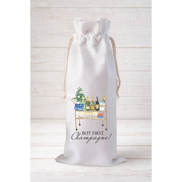 Mais d'abord du champagne, sac cadeau pour bouteille de vin – sac en toile réutilisable avec cordon de serrage pour la vente par Moman Sales, Inc.